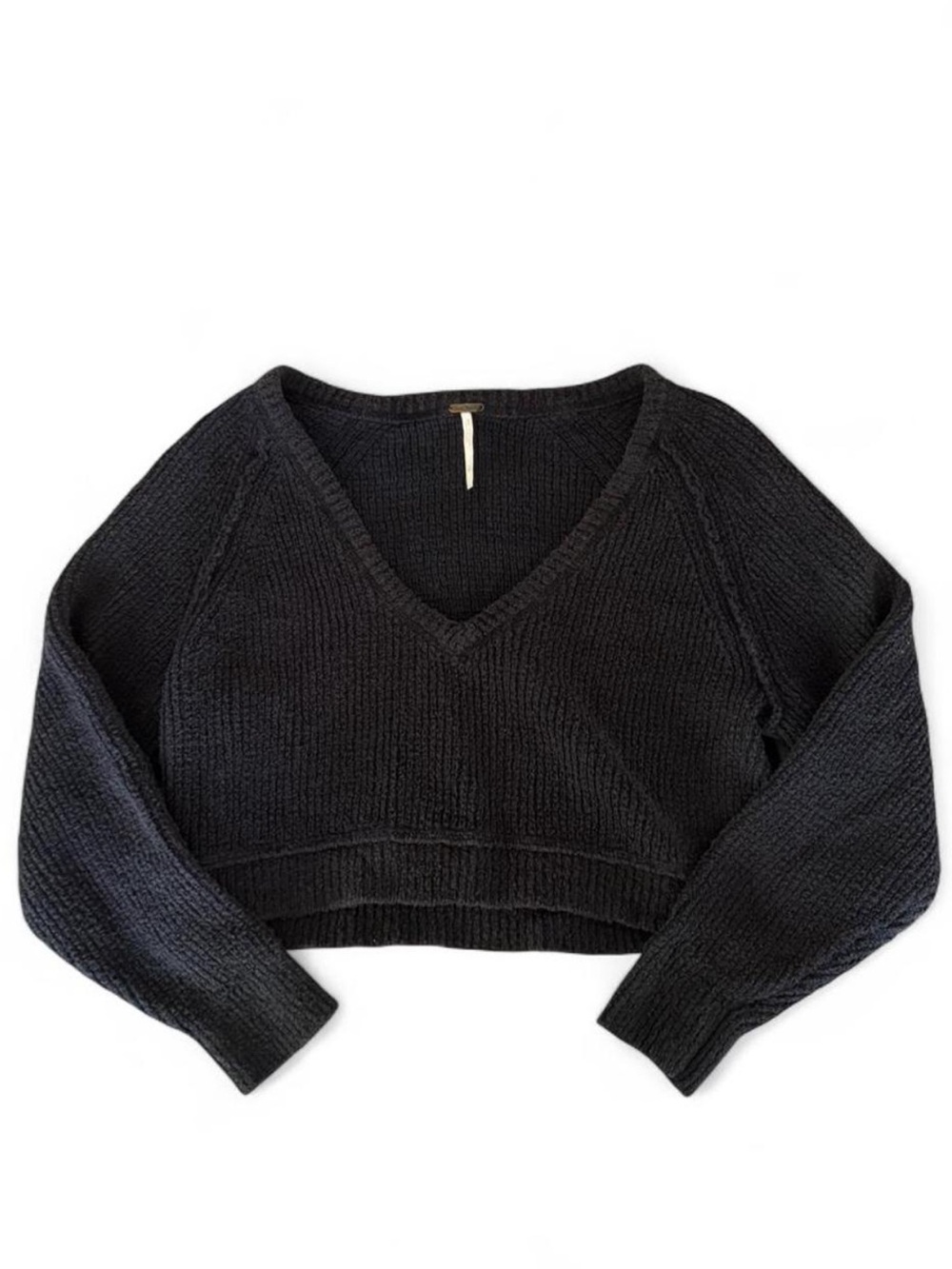 Free People Black V-Neck Cropped Knit Sweater